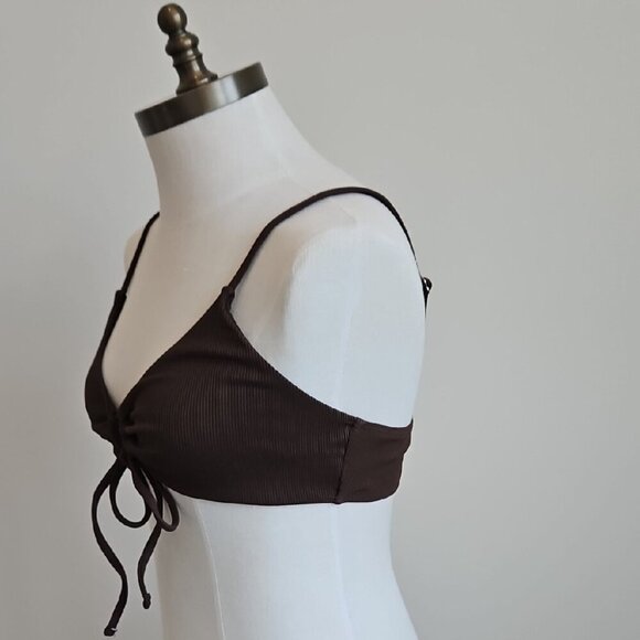 Brown Ribbed Tie-Front Bikini Top - Picture 3 of 5